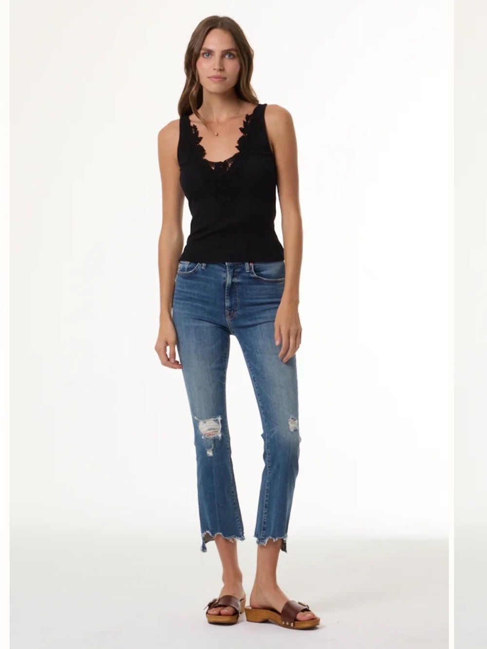 YFB Deep Blue Rosa Lace Embroidered Rib Tank Top Crochet-Trim size medium